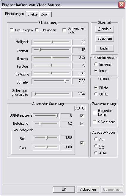 Camera property page - settings